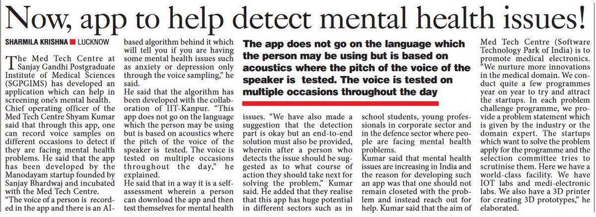 Excited to share the journey of #MedTechCoE incubated startup @Manodayampvtltd featured at @TheDailyPioneer today. Its a proofing of #AI enabled #mentalhealth solution emerging from @MedTechCoE incubator at @SGPGI. @arvindtw @amit_bansal03 @stpiindia