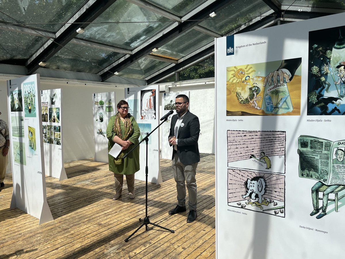 Art sparks change. Appreciated the 44 impactful caricatures by Western Balkans artists, raising awareness of the importance of #MediaFreedom for democracy. Grateful to @NLinKosovo 🇳🇱 and @Agk_AJK for this insightful exhibition. #CartoonExhibition