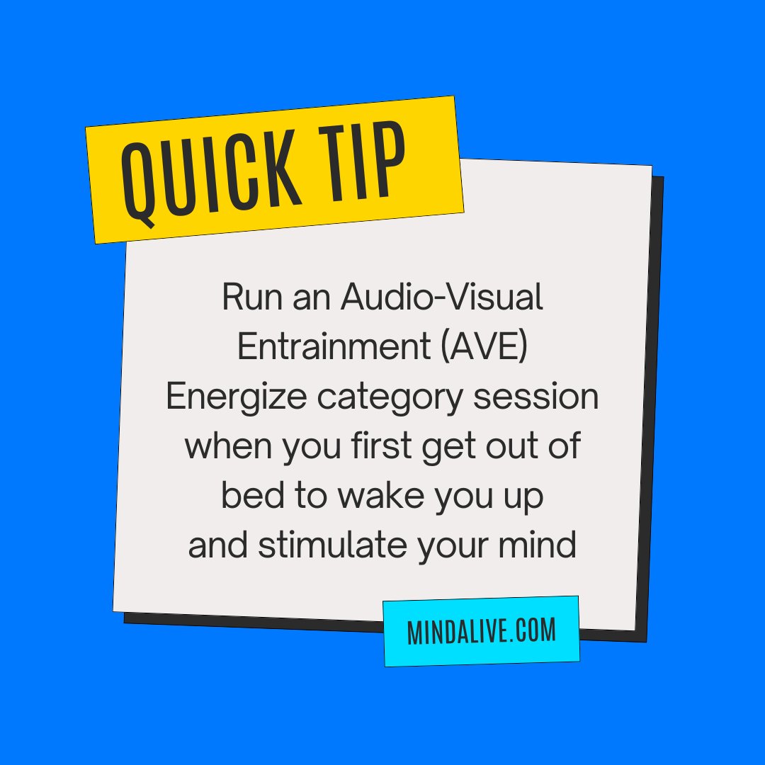 #MondayMotivation 🧠 Run an #AudioVisualEntrainment (AVE) Energize group session when you first get out of bed to wake you up & stimulate your mind

Learn more: mindalive.com/collections/av…

#MindAlive #StimTech  #EnergizeSessions  #WorkLifeBalance #WorkPlaceWellness #SelfOptimization