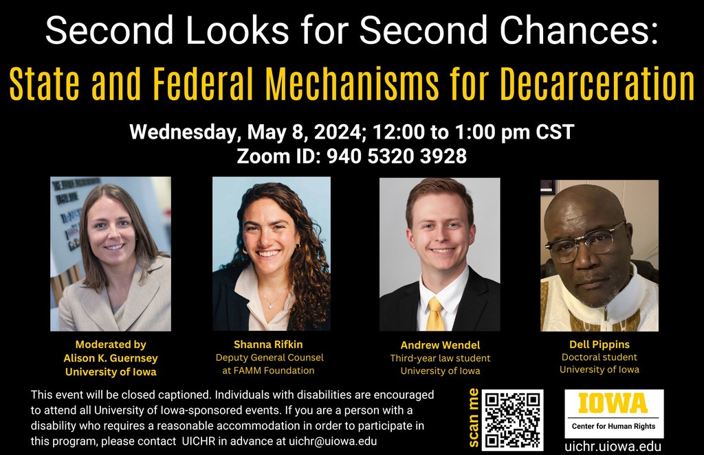 The webinar next week will discuss second-look mechanisms under both Iowa and federal law and consider how and why we need these “sentencing safety valves” to help ameliorate over-incarceration and protect the rights of people in custody. More information events.uiowa.edu/86324