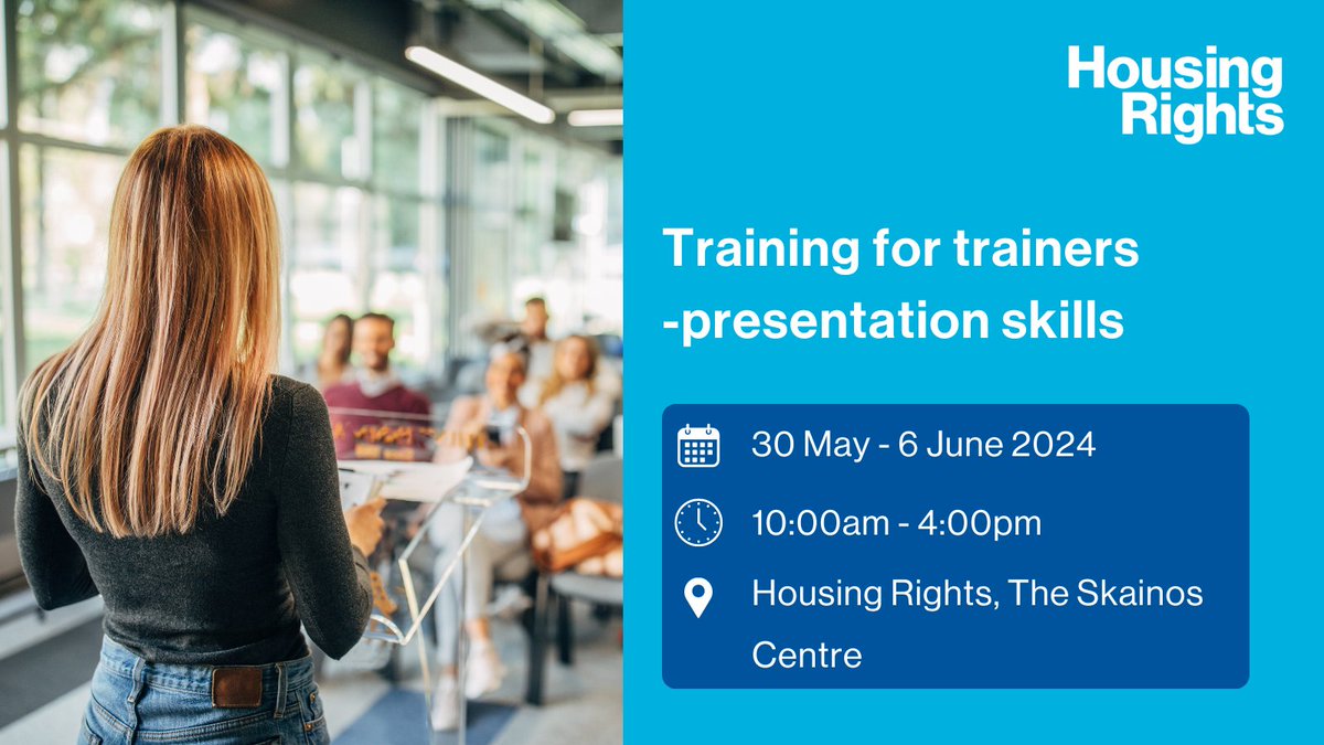 Do you provide training or information sessions as part of your job? Our #HousingTrainingCourse 'Training for trainers -presentation skills' will help you design and deliver engaging and effective training sessions. Book now: housingrights.org.uk/training-and-e…
