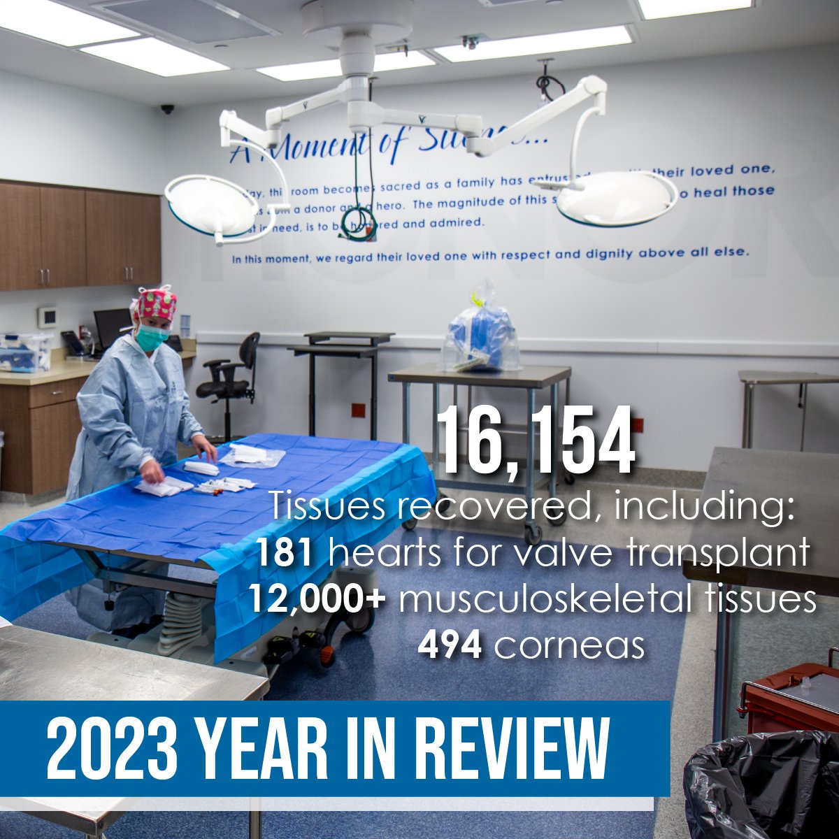 Thank you to the donor heroes who said 'yes' to tissue donation in 2023. Because of their selfless decisions, our tissue team recovered 181 heart valves, 12,000+ musculoskeletal tissues, and 494 corneas. These donations will heal countless lives.