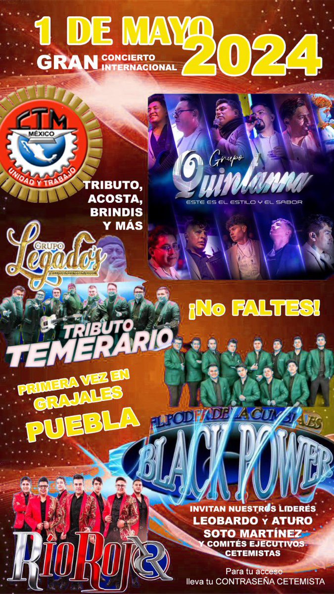 Próximo #01DeMayo la <a href="/CTMPuebla/">CTM_FTPuebla</a> y su líder <a href="/leobardosoto/">Leobardo Soto</a> y <a href="/arturo_sotom/">Arturo Soto Martínez</a> invitan a la gran velada musical con grupos de talla internacional en su ciudad natal #RafaelLaraGrajales para las y los trabajadores cetemistas