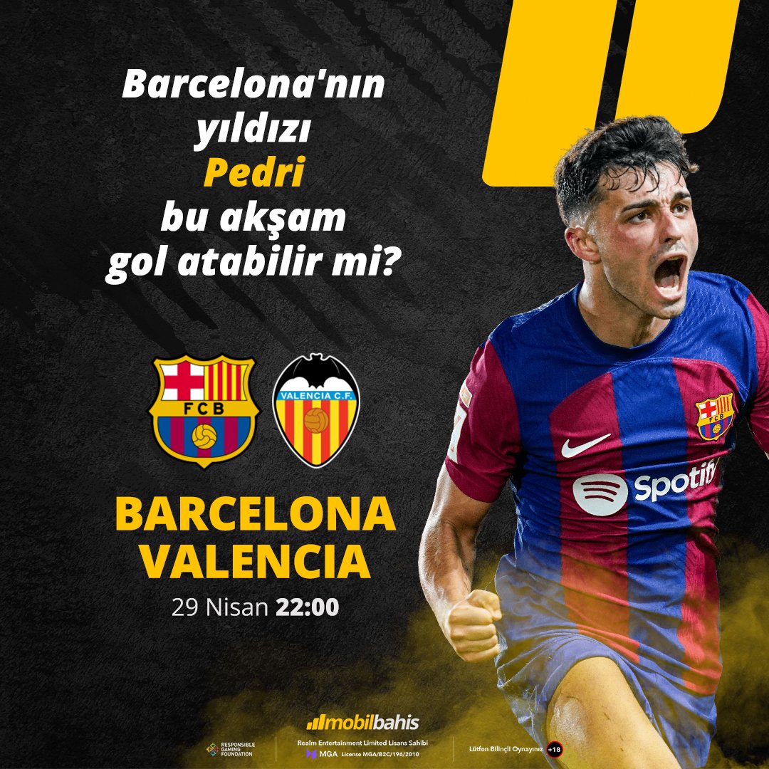 ❓ Bu akşam Valencia'yı konuk eden Barcelona'da Pedri gol atabilir mi? #Mobilbahis'e gel, keyif dolu maçların kazancına yüksek oranlarla ortak ol! Mobilbahis Giriş: bit.ly/3wRiI2y