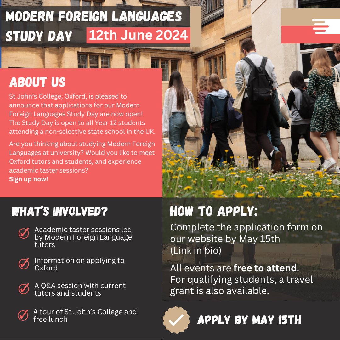 You can now sign up for our Modern Foreign Languages Study day taking place on 12th June! Get a taste of student life at Oxford, attend taster lectures, explore St John's College and much more! 💬🗣️ 🔗 Sign up via the link in our bio #oxoutreach #oxforduniversity