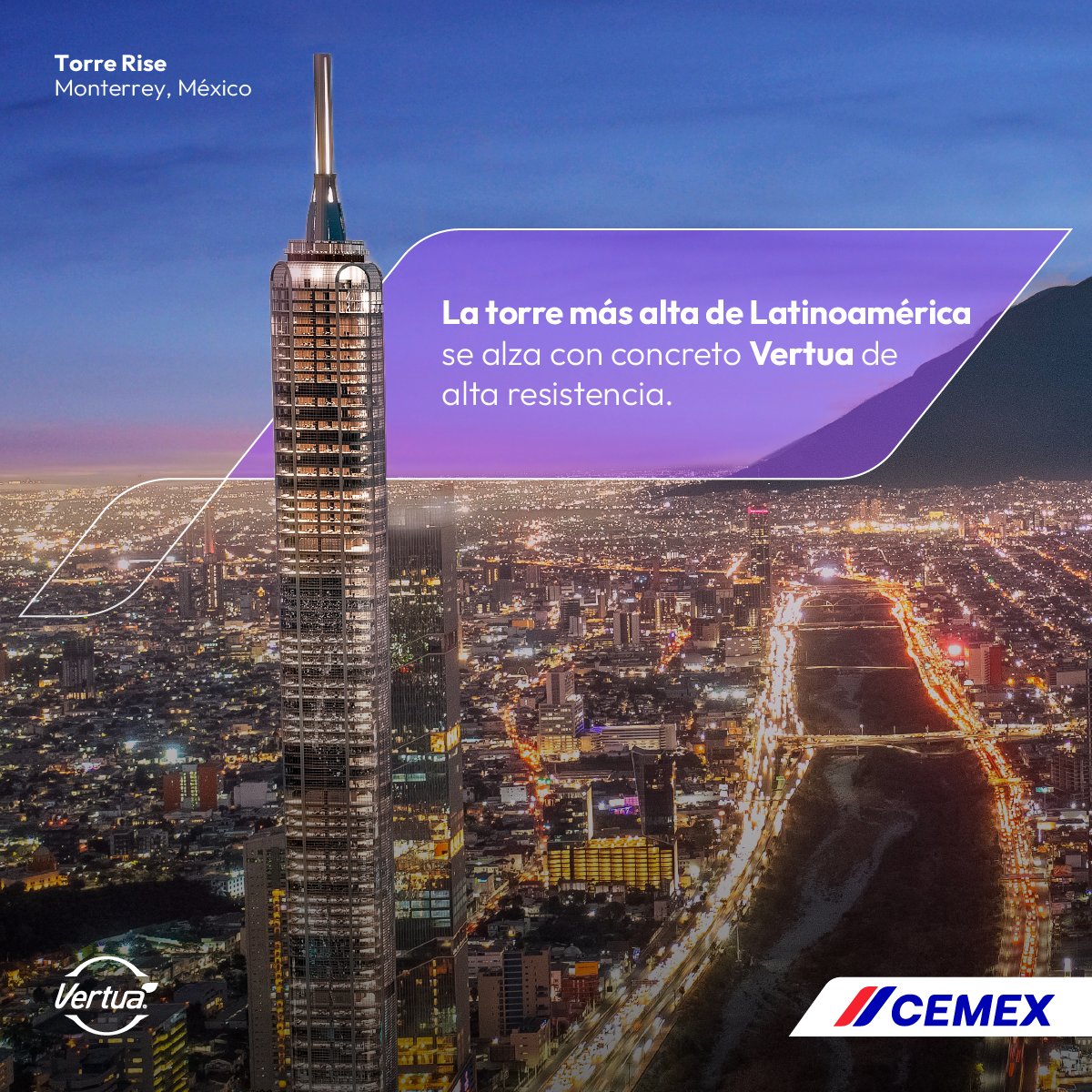 ¡Un logro en la construcción de rascacielos!️ 🏙️ Suministramos concreto de alta resistencia #Vertua de menor carbono para la Torre Rise, este edificio será el más alto de Latinoamérica. cmx.to/3tMDfax