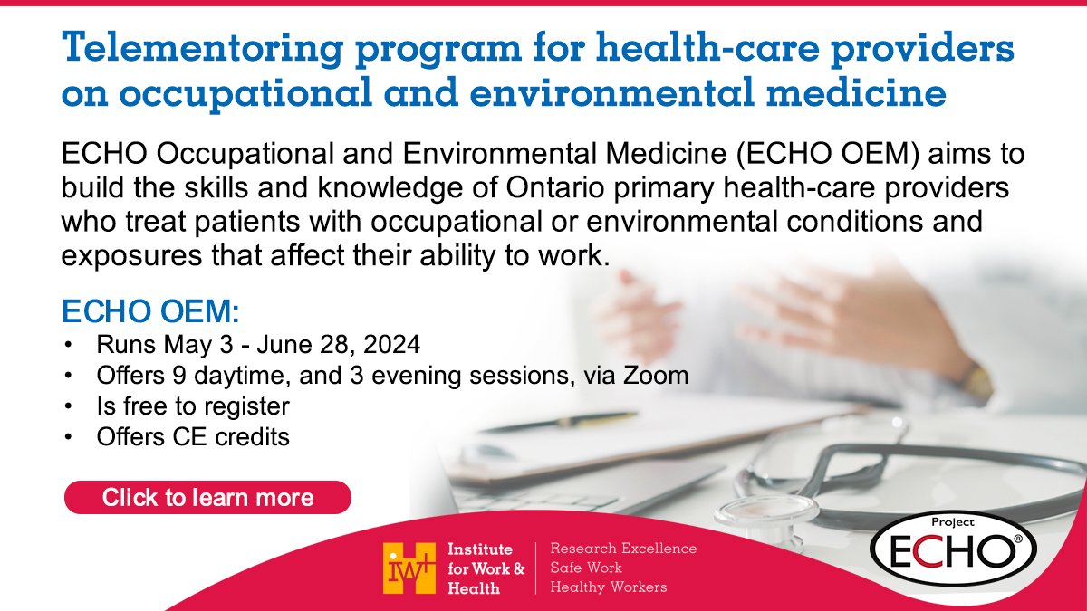 ECHO OEM is back this spring! This program is designed to help primary healthcare providers support patients with return-to-work and occupational health issues.

➡9 Fridays starting May 3 (12-1:30 pm ET)
➡3 Tuesdays, on June 4, 18 &amp; 25 (7-8:15 pm ET)
 echooem.iwh.on.ca