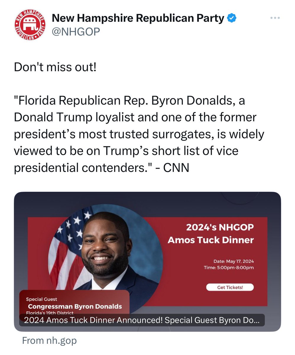 Worth noting that @ByronDonalds — headliner of upcoming major @NHGOP fundraiser on the premise of being a top VP pick — is not among those listed. #NHPolitics