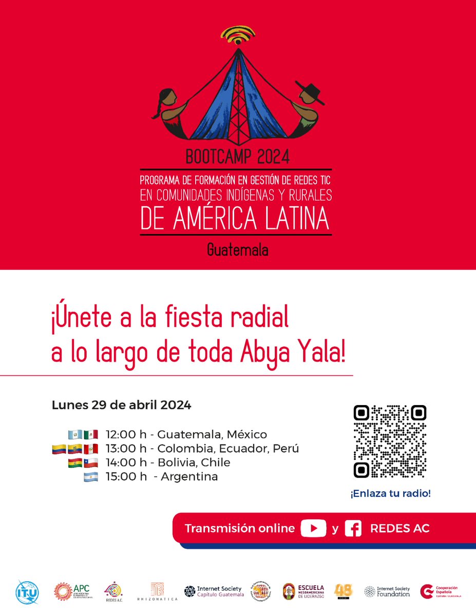 #HOY 29 de abril 2024 📻🎉 ¡Únete a la fiesta radial a lo largo de toda Abya Yala! Estaremos transmitiendo desde Guatemala con las y los participantes del #Bootcamp2024