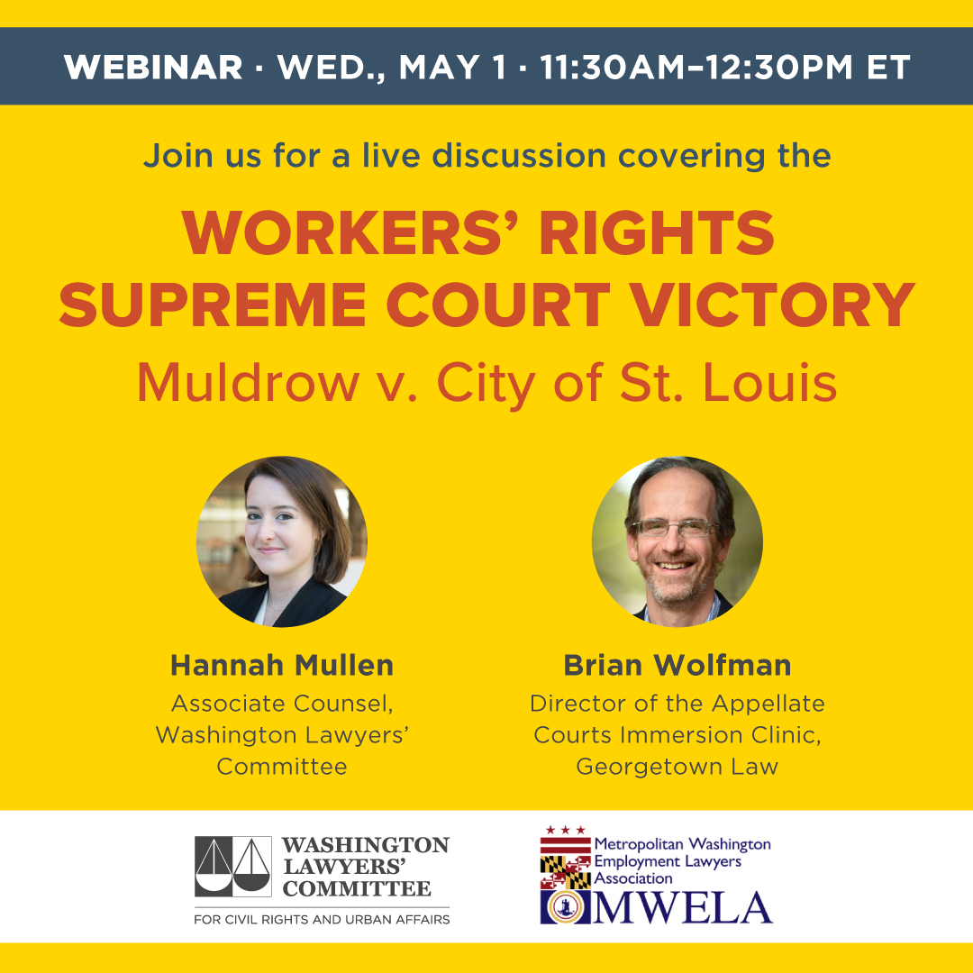 Join us for a discussion on the Supreme Court's latest workers' rights decision, Muldrow v. City of St. Louis (decided on April 17). 
Register today: washlaw.org/event/muldrow-…   
#WLC #MuldrowvStLouis #SCOTUS #WorkersRights #EmploymentJustice