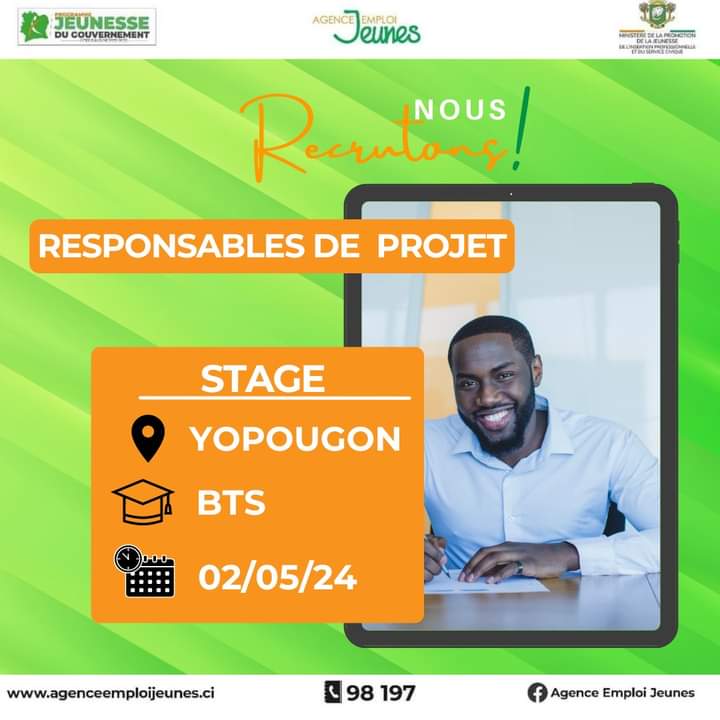 #Jobalerte 🚨𝐒𝐓𝐀𝐆𝐄 Nous recrutons 2 responsables de projet, pour le compte d'un partenaire à Yopougon. Pour en savoir plus, suivez le lien ➡️ ci.ci/MSk1 📌𝐓𝐨𝐮𝐬 𝐥𝐞𝐬 𝐬𝐞𝐫𝐯𝐢𝐜𝐞𝐬 𝐝𝐞 𝐥'𝐀𝐠𝐞𝐧𝐜𝐞 𝐬𝐨𝐧𝐭 𝐠𝐫𝐚𝐭𝐮𝐢𝐭𝐬. #insertion #jobinfo