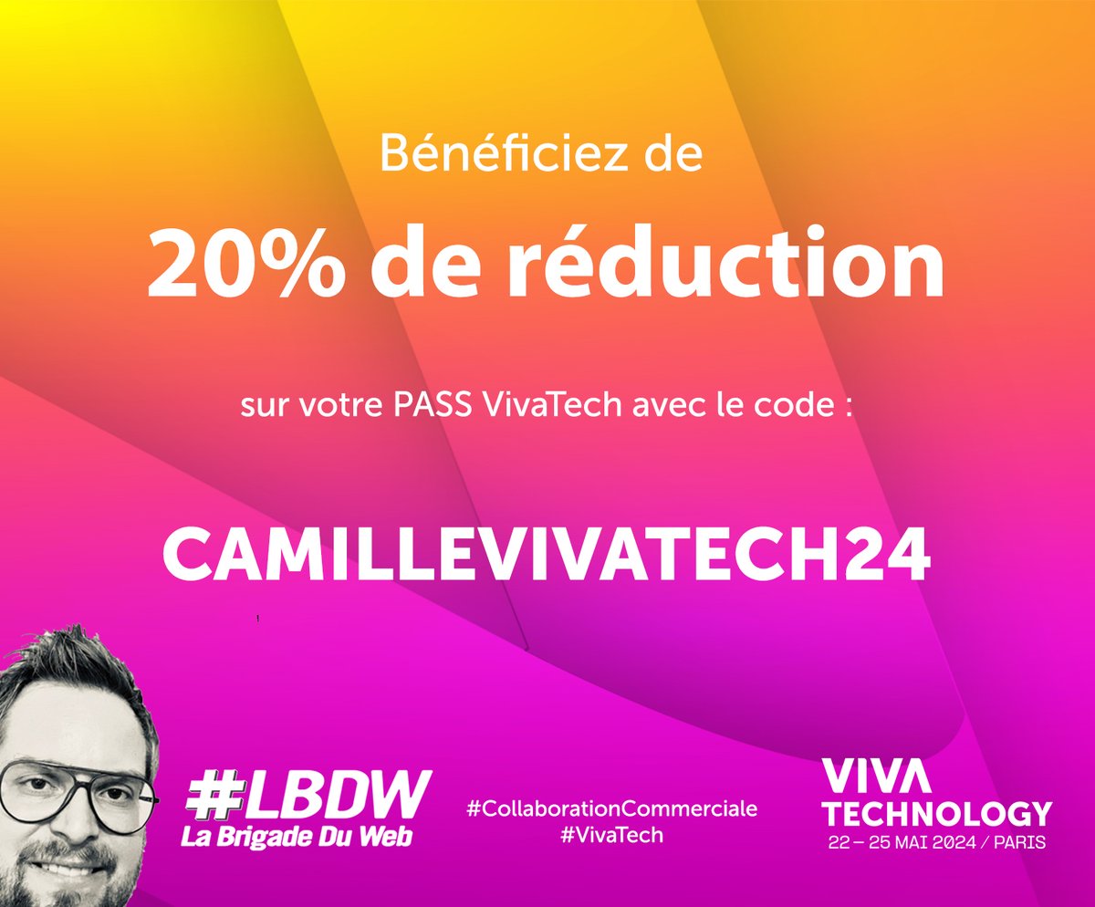 Rendez-vous à #VivaTech le 22 mai ? Dans le cadre du partenariat entre @LaBrigadeDuWeb et @VivaTech, vous pouvez bénéficier d'une réduction de 20% sur tous les PASS. 👉 Utilisez le code CAMILLEVIVATECH24 sur le site de l'événement ⤵️ vivatechnology.com/get-your-pass