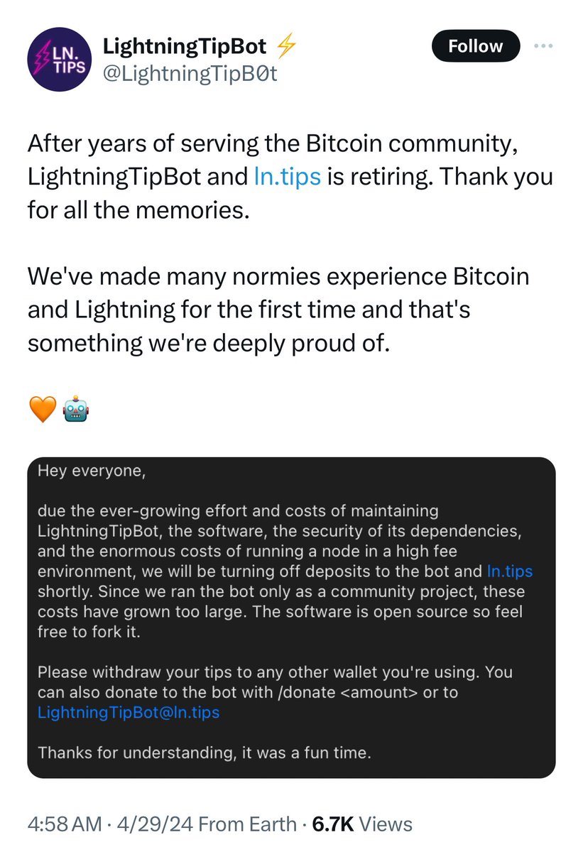 DavidShares's tweet image. Another Lightning Network platform shutters. The writing is on the wall. Lightning is dead. ⚡️🪦

“Due the ever-growing effort and costs of maintaining Lightning TipBot, the software, the security of its dependencies, and the enormous costs of running a node in a high fee…