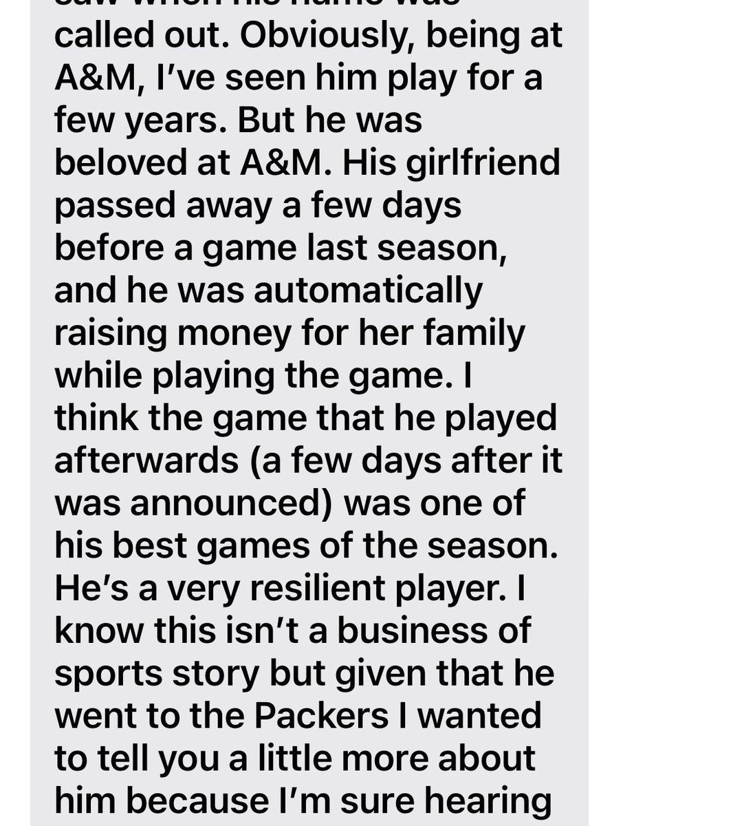 Packer fans: got this from a student who went to Texas A&M with Edgerrin Cooper. “Beloved” and played through tragedy.