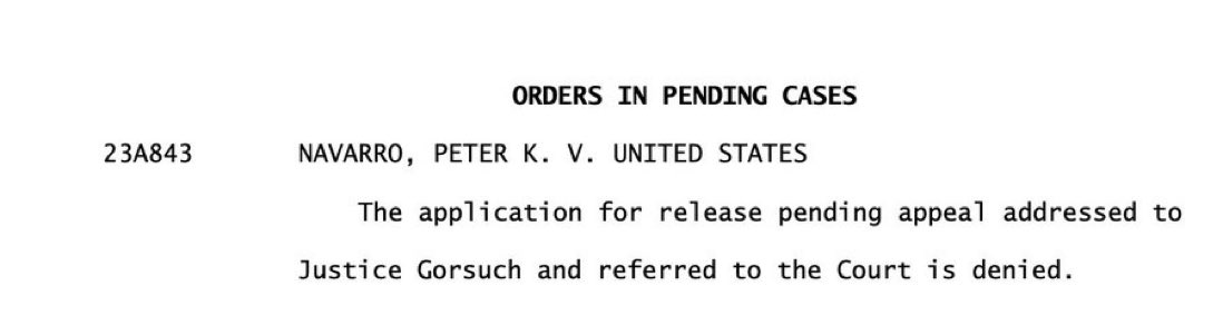 JUST IN -- Peter Navarro's second bid for release pending appeal has been denied by the Supreme Court.