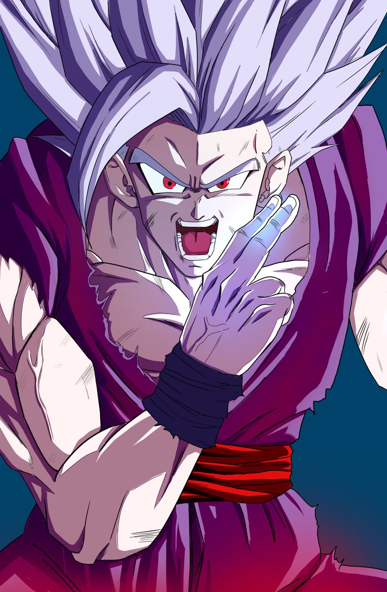 son gohan solo looking at viewer open mouth simple background 1boy red eyes grey hair  illustration images