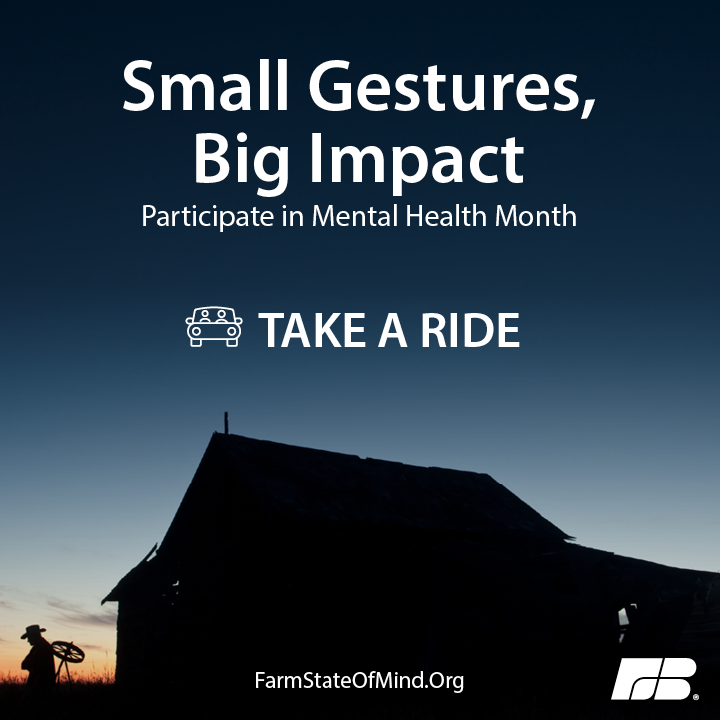 Could you or someone you know benefit from conversation and a ride? Personal connection can serve as a preventative tool for coping with anxiety and stress. Look to connect with a friend during week three of the #MentalHealthMonth five-week challenge.bit.ly/2LiG9xX