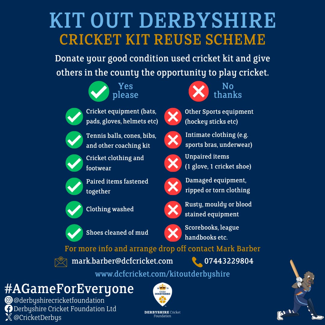 🏏Kit Out Derbyshire🏏 🚨Change of Day & Time🚨 During the summer we are open on the first Tuesday of every month, 4.30pm - 6:30pm in the DCF Classroom! We are next open on Tue 7th May! We are still accepting kit donations, please get in touch with mark.barber@dcfcricket.com