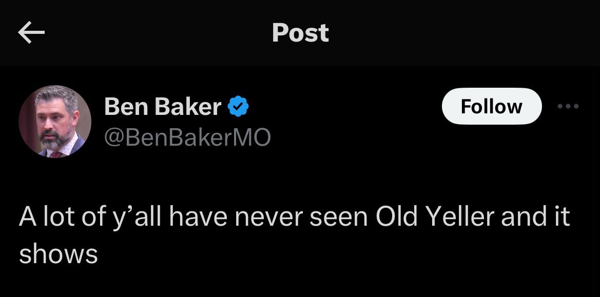 This Missouri lawmaker did not in fact read Old Yeller, or he would know that the dog saved his family from a rabid wolf and was bitten. The boy was forced to shoot the dog because he was rabid, not because he killed a chicken.

Ben, Old Yeller was a novel before it was a movie.