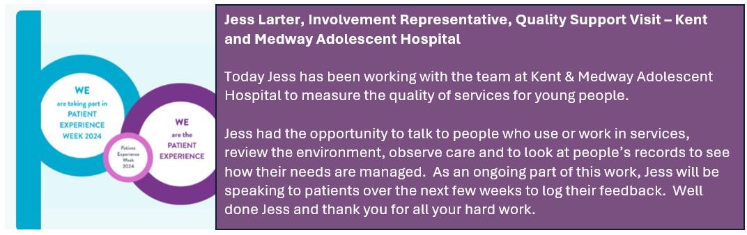 As part of Patient Experience Week we are highlighting the work of one of our Involvement Representatives... today Jess Larter joined the Quality Support Team at Kent & Medway Adolescent Hospital to help provide a platform for the patients and carers to voice.