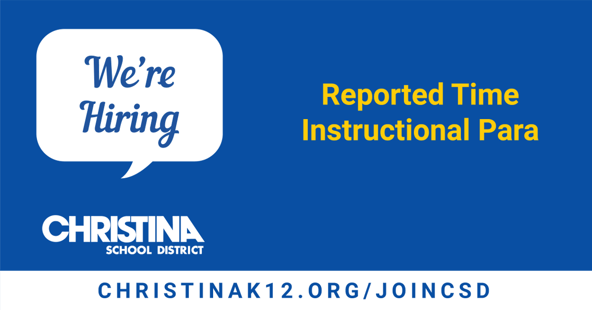 We're #NowHiring: Reported Time Instructional Paraprofessionals. Mutiple openings at various locations. Apply online to #JoinCSD: christinak12.org/joincsd-paraed….

📌 View all job openings: christinak12.org/joincsd-apply

#EduJobs #netde #hiring #WilmDE #NewarkDE