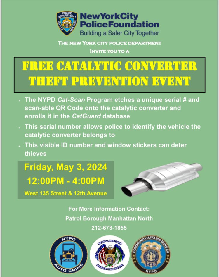 Come join us for our free catalytic converter theft prevention event Friday, May 3rd from 12 PM to 4 PM. See flyer for more details.
