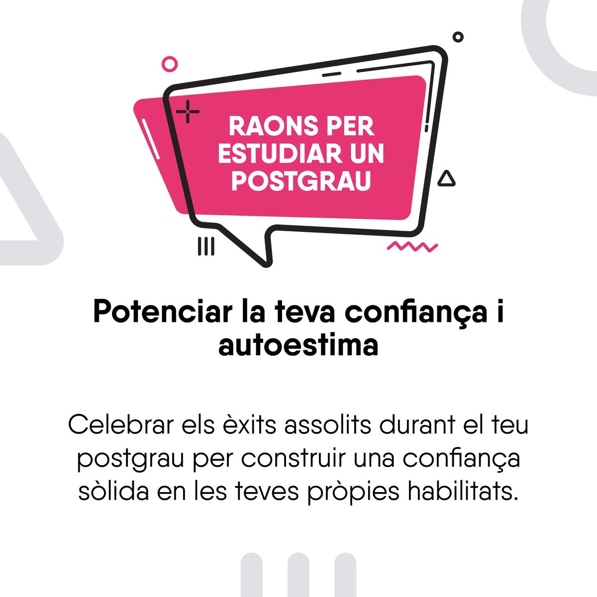 fundacioURV's tweet photo. RAONS PER ESTUDIAR UN POSTGRAU ✅ Potenciar la teva confiança i autoestima 👉Celebrar els èxits assolits durant el teu postgrau per construir una confiança sòlida en les teves pròpies habilitats.
#URV #FURV #Màsters #Postgraus #FormacióPermanent #FormacióContínua https://t.co/UyAQCSeXPG