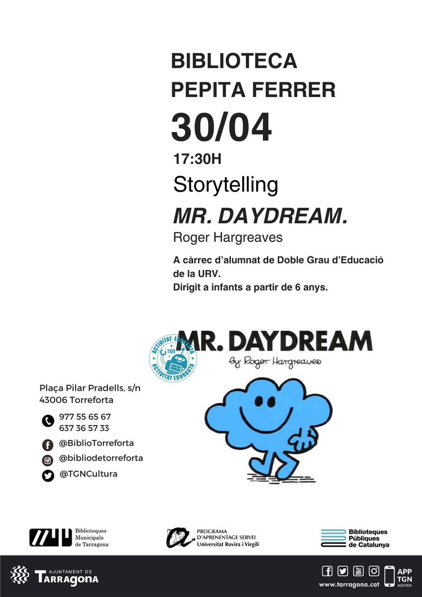 #PrimaveraLiteraria I 📘Storytelling: 'Mr. Daydream' de Roger Hargreaves

➡️L'alumnat del Doble Grau d'Educació de la URV vindran a explicar-nos històries en anglès

📌 30/4 17.30 h
📍Biblioteca Pública de Torreforta Pepita Ferrer
ℹ️agenda.tarragona.cat/agenda/copy3_o…