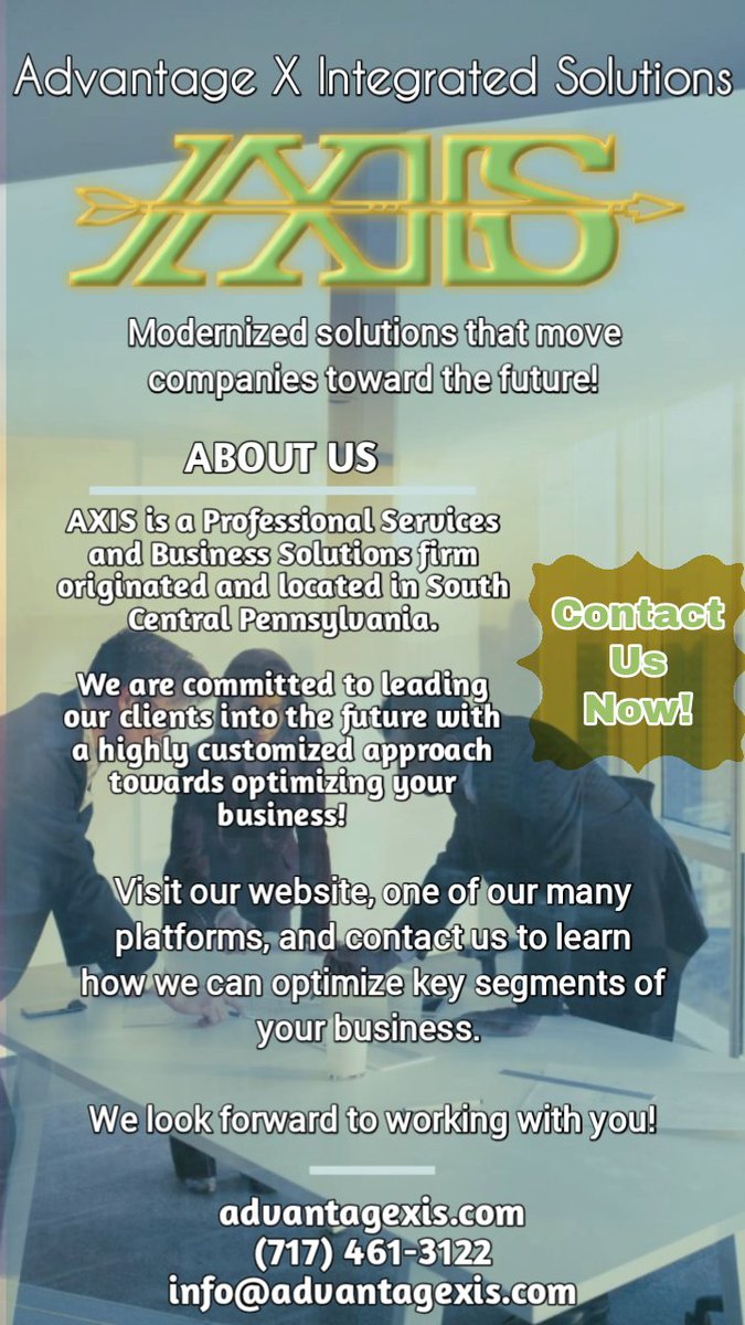 AXIS is a Professional Services and Business Solutions firm originated and located in South Central PA. Visit us at bit.ly/3kNy4mm to see how we optimize critical business functions for our clients. #optimization #businessprofessionals #consultants #customersatisfaction