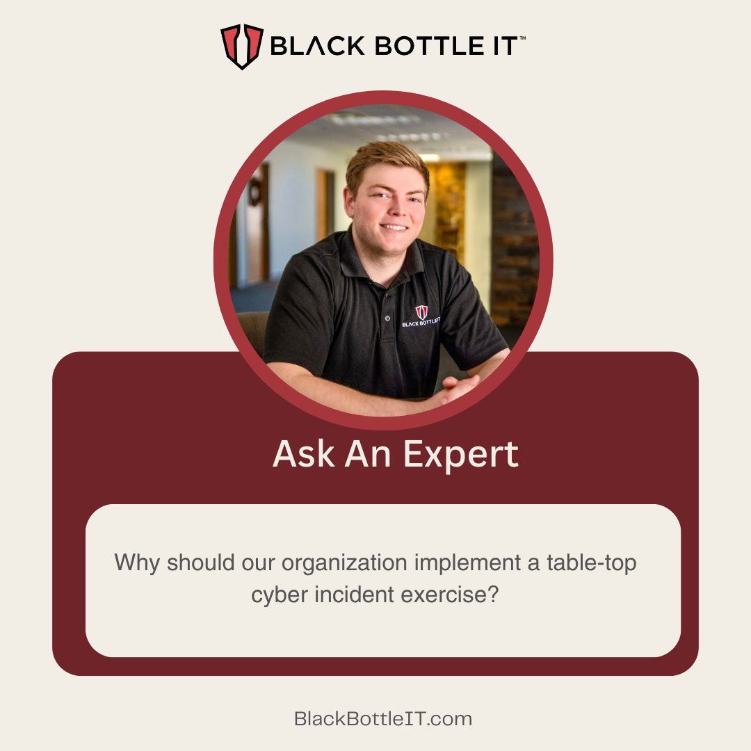 #AskanExpert, Michael Valentine, Black Bottle IT, Compliance and Security Analyst
You want to identify vulnerabilities in systems and processes and take steps to address them before a real incident occurs. 

Let's get started on your #IncidentResponsePlan!
blackbottleit.com/about-us/