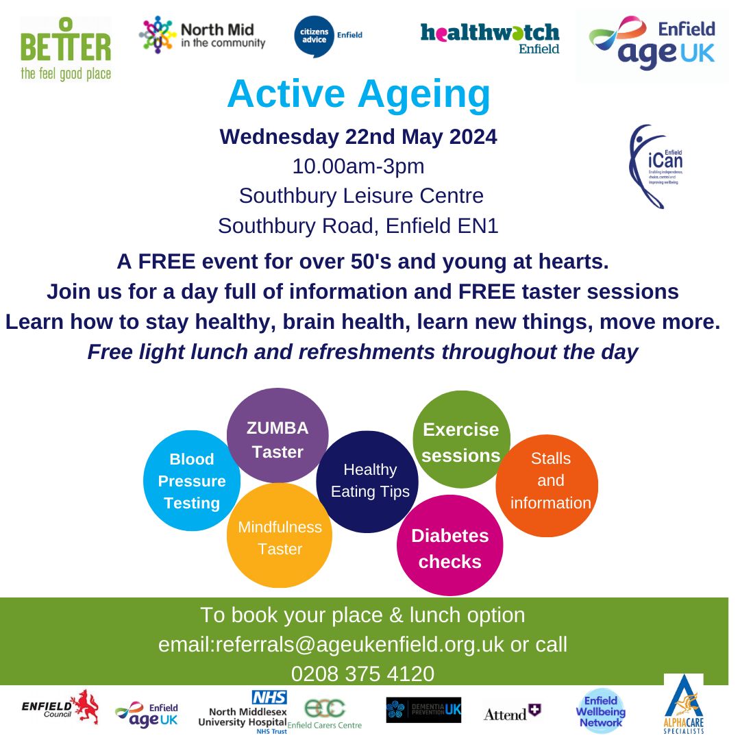We are looking forward to being involved in @Age_UK_Enfield's Active Ageing event, a free event with lots of useful information and support on how to stay healthy and happy! To book your place and lunch option, please email referrals@ageukenfield.org.uk or call 0208 375 4120.