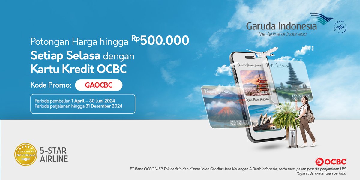 Khusus bagi Anda pengguna Kartu Kredit OCBC NISP! Jangan lewatkan potongan spesial di Hari Selasa s.d Rp500.000 untuk pembelian tiket melalui Website Garuda Indonesia dan Aplikasi FlyGaruda dengan menggunakan kode promo GAOCBC. Info lengkap : garuda-indonesia.com/id/id/special-…