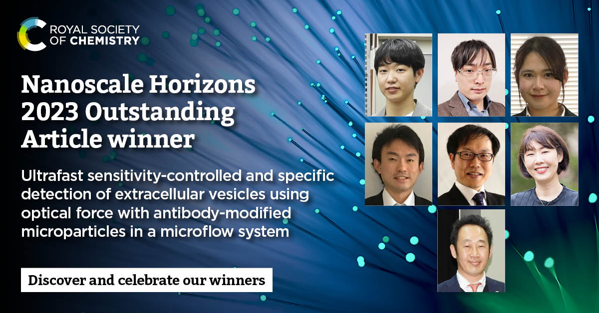 Ikuhiko Nakase, Shiho Tokonami, Takuya Iida and colleagues @OsakaMetUniv_en are our Nanoscale Horizons Outstanding Article winner for their work on ultrafast sensitivity-controlled and specific detection of extracellular vesicles using optical force! 🔬👇 pubs.rsc.org/en/content/art…