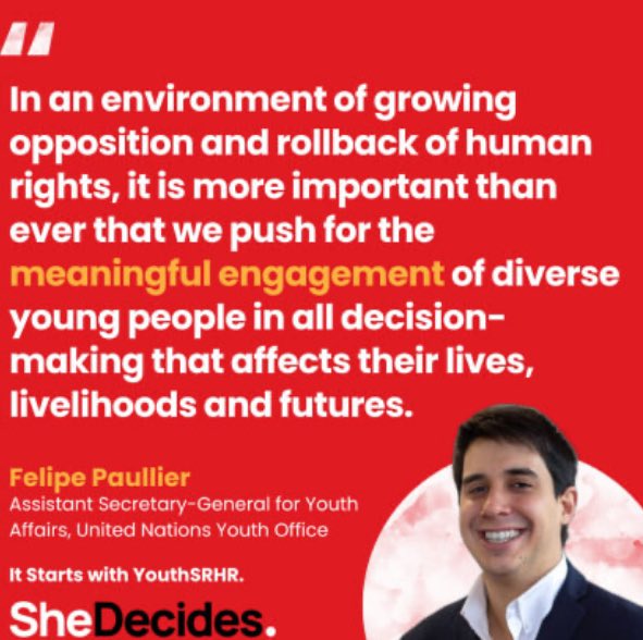 @UNMGCY @CHOICEforYouth @SheDecidesGFI @UNFPA @UNFPAyouth @ippf @UN4Youth @UNYouthAffairs @UN @IFMSA @PlanGlobal @PlanUK @nespinoza72 @felipepaullier @GirlsNotBrides @YUWAtweets Every country in the 🌎 has committed to advancing young #Sexual & #ReproductiveRights in the #SDGs but progress is at risk of being rolled back! The @UNYouthAffairs through the #Youth2030 Strategy sets out the critical need for investing in young peoples #SRHR! @felipepaullier