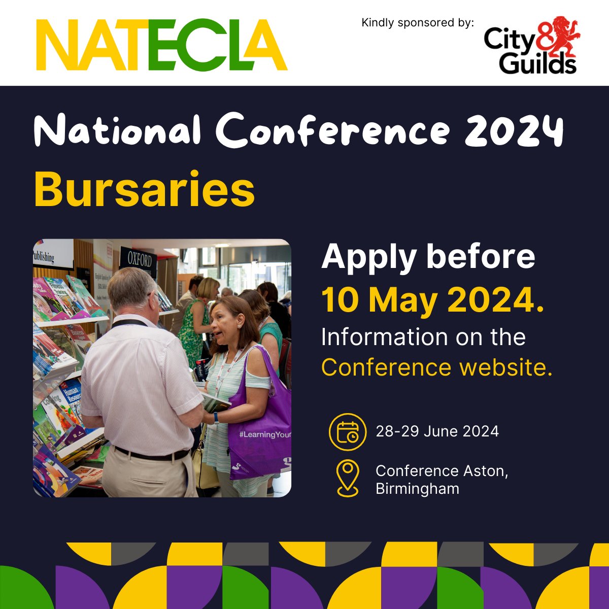 💷Struggling to meet the cost of this year's #NATECLA2024 conference? 💷 Apply for one of our full or part bursaries - kindly sponsored by @cityandguilds. ℹ️ Find out more and apply before 10th May: bit.ly/3U5IY4J