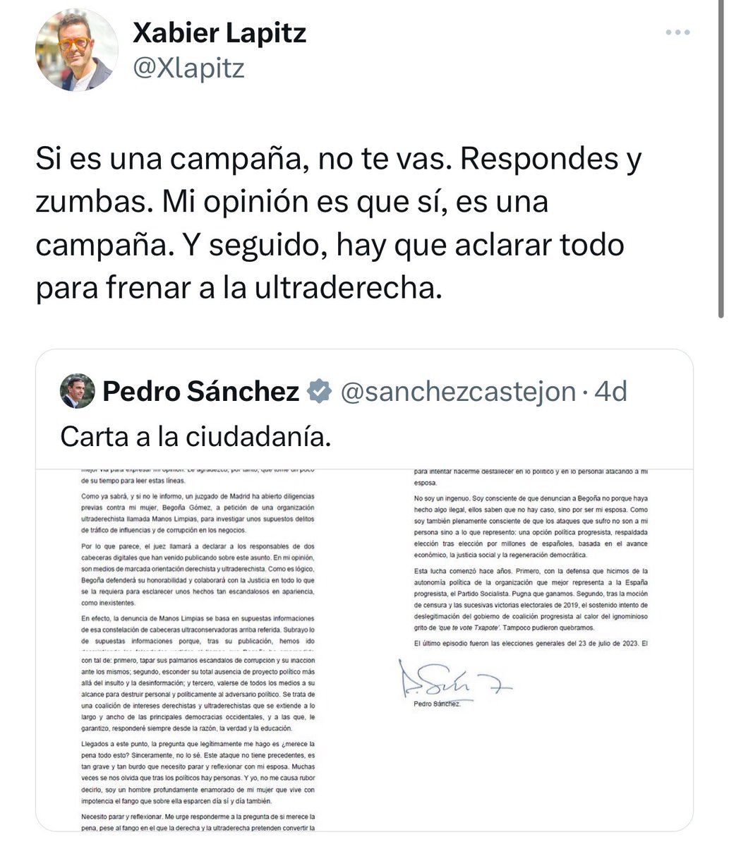He entendido al Pedro marido, padre, hermano… no he entendido a Pedro Sánchez presidente. Me remito al tuit del otro día.