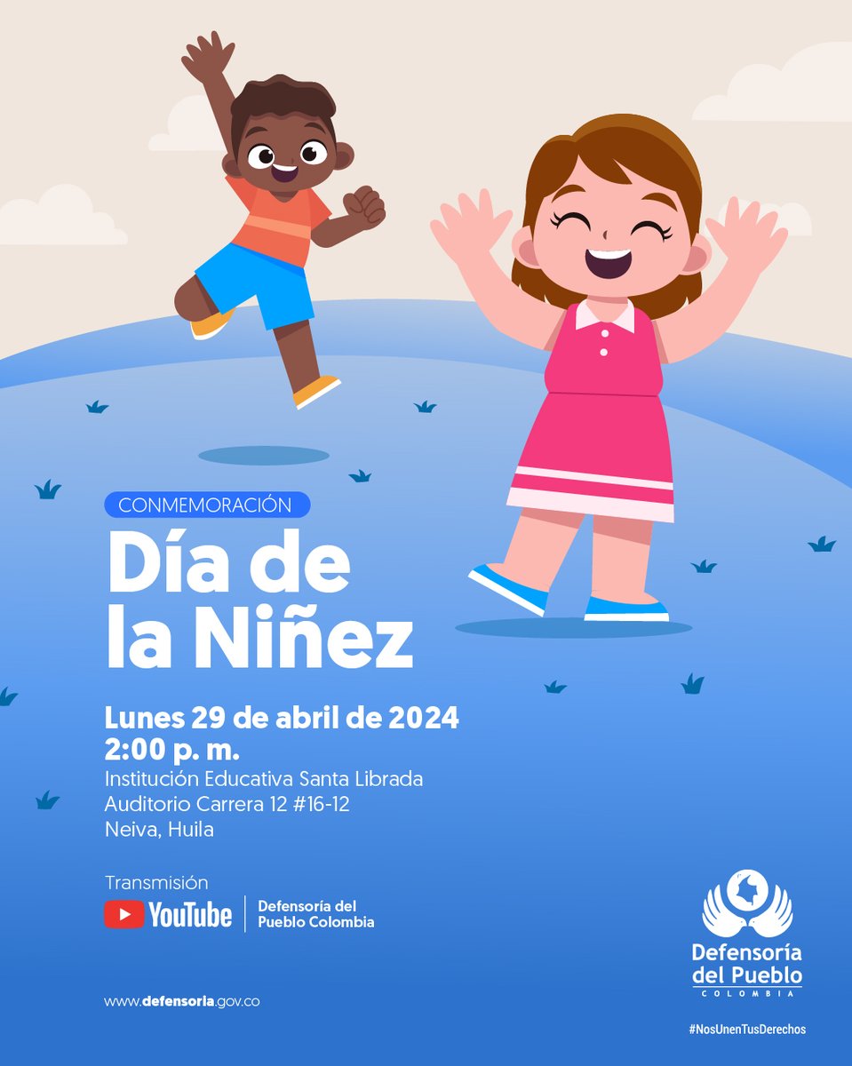 Te invitamos a la conmemoración del Día de la Niñez y la Recreación que se llevará a cabo hoy en #Neiva con el fin de promover y divulgar los derechos de los niños y niñas en el país.