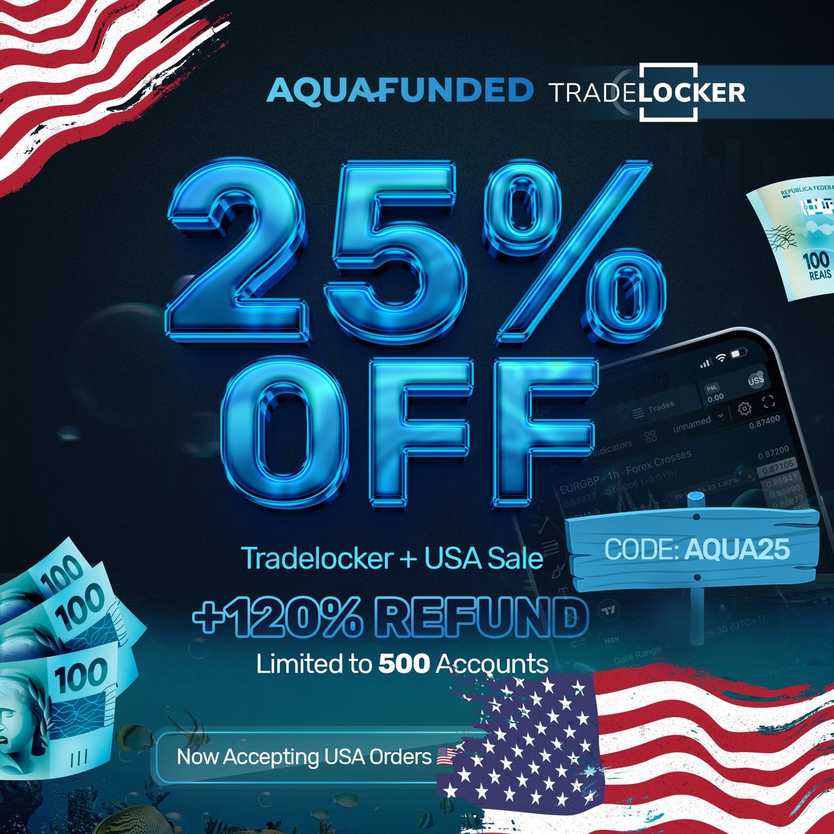 TRADELOCKER IS LIVE 💙 Also available for US 🇺🇸 25% OFF All Accounts Flash Sale 🌊 Only for 500 Accounts 💙 120% Refund 💙 90% Profit Split ⏳ Limited Time Promo Get your Accounts Today aquafunded.com/?el=x