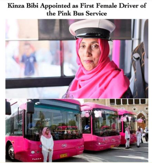 : A remarkable achievement for Kinza Bibi, who, after receiving training from the #Sindh government to drive a four-wheeler, has become the first #female  driver of the popular #PinkBus #service