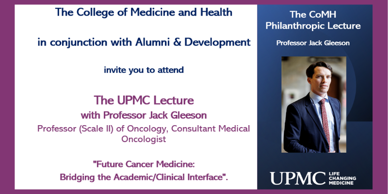 CoMH, in conjunction with Alumni & Development, invite you to attend The UPMC Lecture with Prof Jack Gleeson, Professor of Oncology, Consultant Medical Oncologist. Friday 10 May, 1.15pm - 2.15pm in UCC or online. To find out more: ucc.ie/en/med-health/…