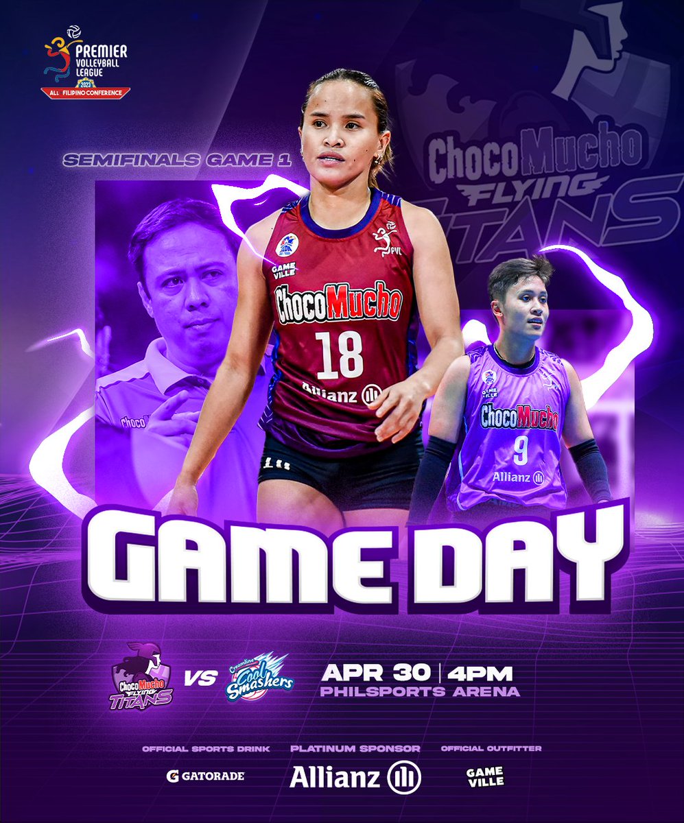 Welcome to the semifinals! It’s Choco Mucho Flying Titans versus the Creamline Cool Smashers later at 4PM! You don’t want to miss this! 💜🩷

#ChocoMucho #CMFT #TitanPride #PVL2024