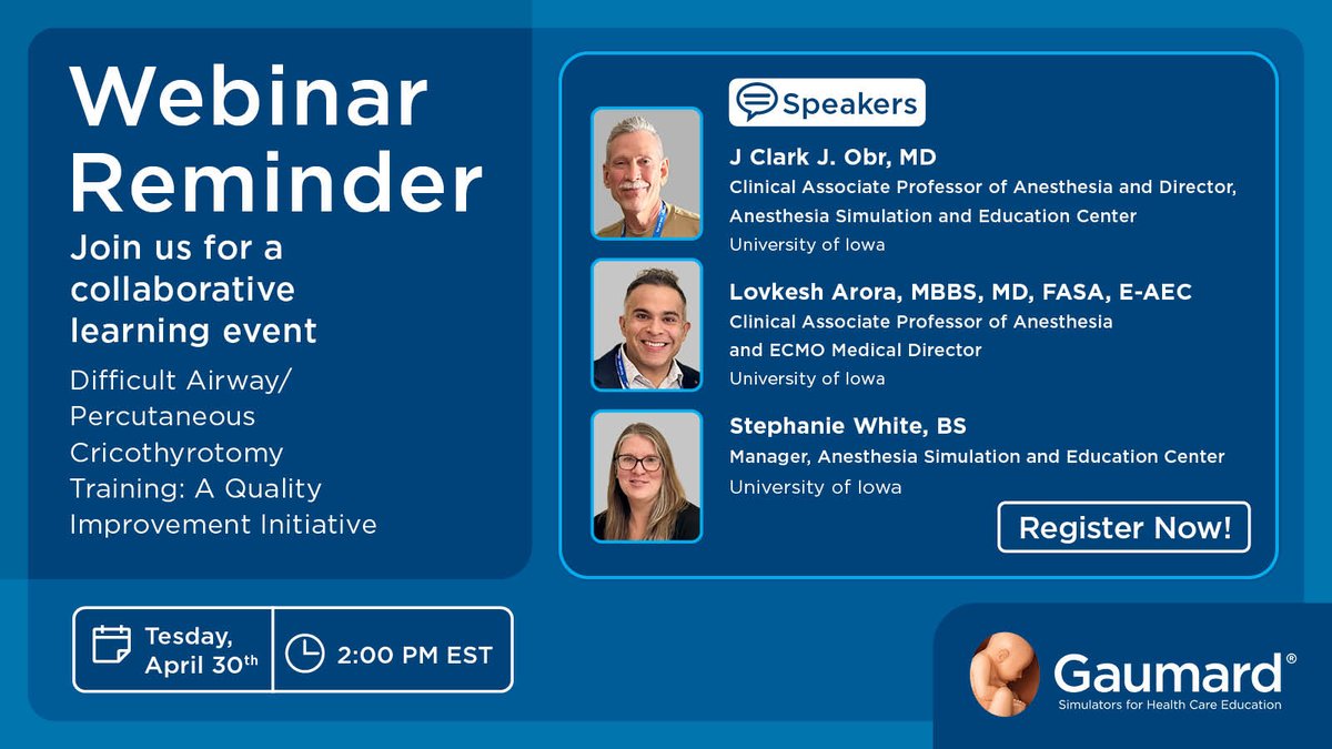 Join our collaborative #webinar tomorrow at 2:00 pm EDT. Gain insights on navigating critical scenarios like can’t intubate-can’t ventilate (CICV) with demonstrations on two essential cricothyrotomy methods led by experts from the University of Iowa. gaumard.zoom.us/webinar/regist…