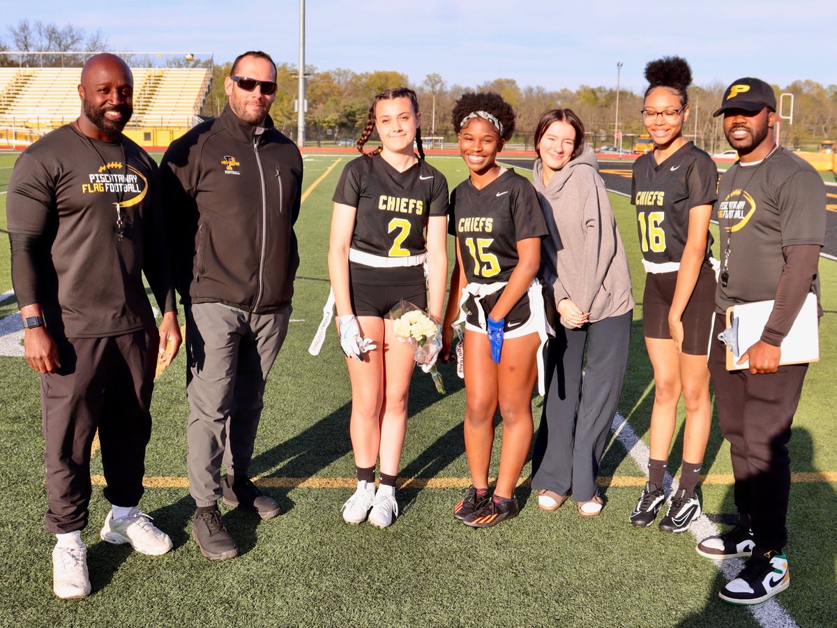 Congratulations to seniors Mya Brundidge and Maddy Gallogly of the @Piscataway_HS flag football team, who were celebrated on Senior Night on April 23 by their coaches, teammates, and families before their game against Elizabeth! #PwayChiefs #PwayInspires