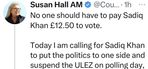 This is jaw-dropping. Millions of Londoners will walk, cycle, pay bus & Tube fares, & drive ULEZ-compliant vehicles to vote. Yet Susan pleads financial exemption for London’s *most polluting vehicles* - so that their drivers can vote to continue polluting the rest of us! 🚗🚗💨