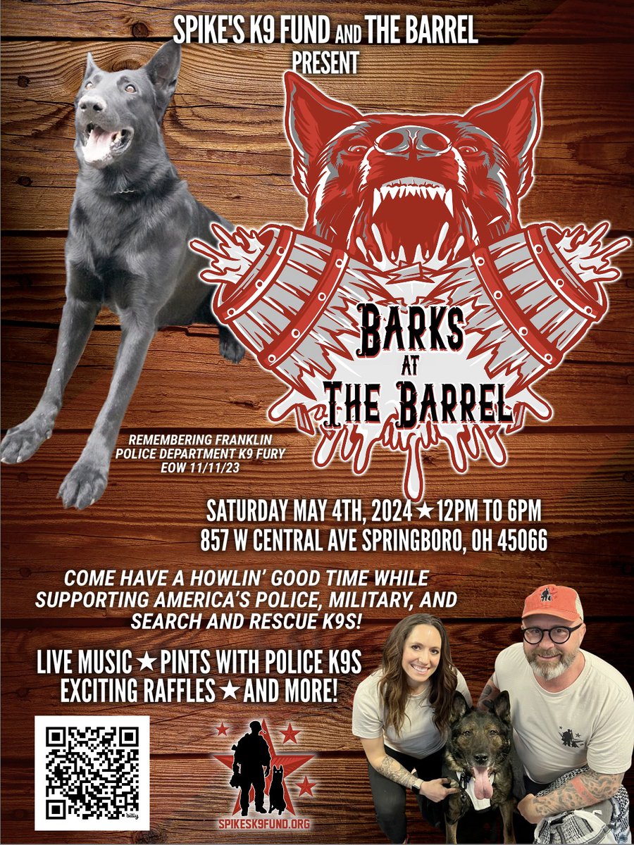 Let's go, Ohio! THIS SATURDAY! Come on out to The Barrel for a howlin' good time for the dogs! May 4th from 12 to 6. See you there! #ohio #firstresponders #workingdogs