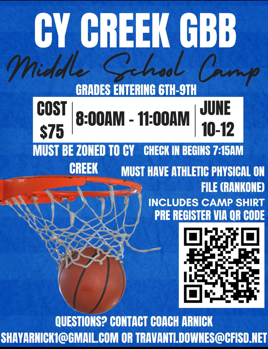 Cougar nation, Let’s sign up ! Camp is approaching soon 🤞🏾💙 @CyCreekGBB @CyCreekBooster @CoachDMcKinney
