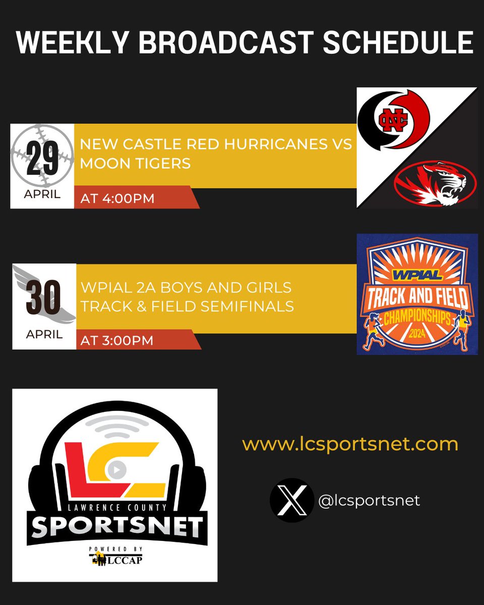 Tune in this week to @LCSportsNet to watch your favorite #highschoolathletes! Mon 4/29 @ 4pm - Softball - New Castle vs. Moon lcsportsnet.com/2024/04/new-ca… Tues 4/30 @ 3pm - Track and Field - WPIAL 2A Boys and Girls Team Semifinals lcsportsnet.com/2024/04/2024-w… #softball #trackandfield