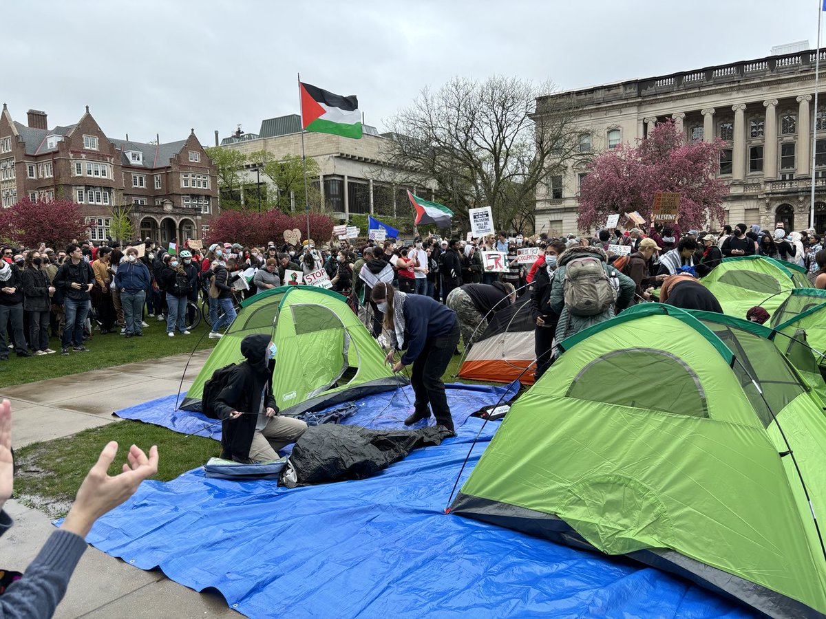 UW Madison students encampment starts: dispose, divest, we will not stop, we will not rest.