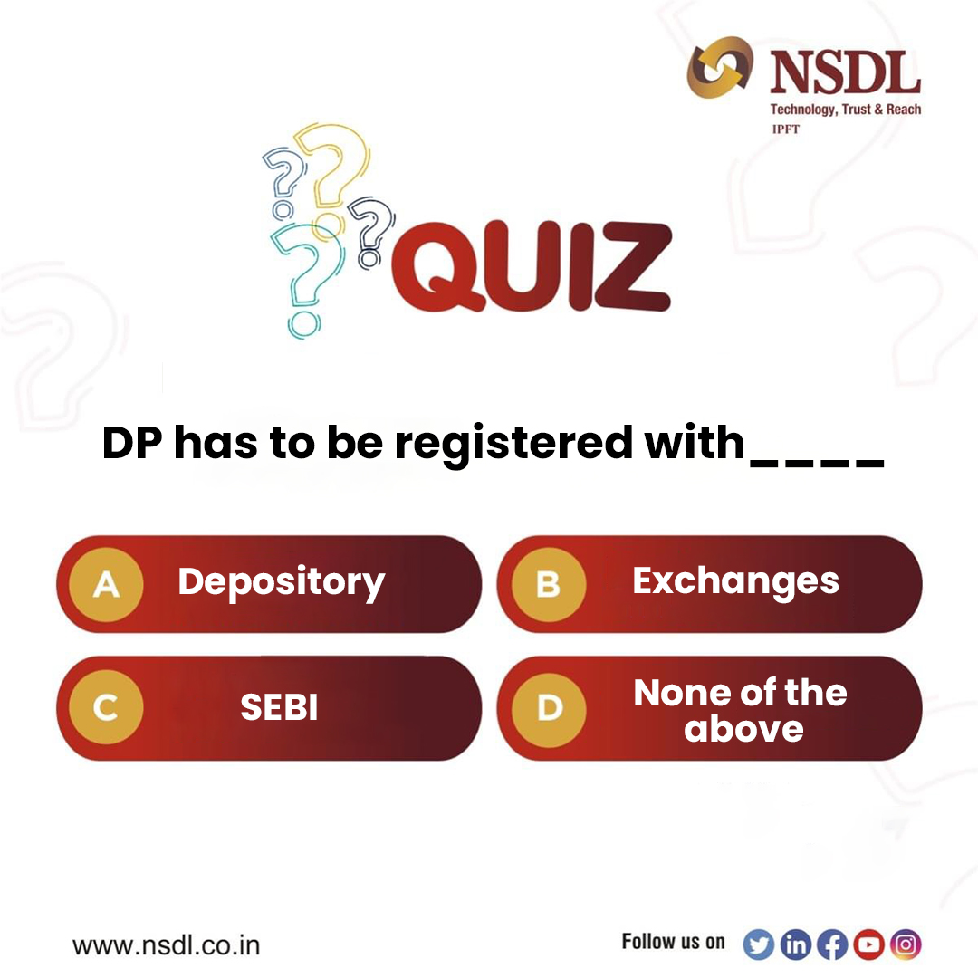 #Contest alert - Win prizes every week! To enter the quiz leave the correct answer in the comments below and stand a chance to win exciting prizes! 1) Follow NSDL on all of its social media channels. Facebook, facebook.com/nsdl.co.in LinkedIn, linkedin.com/company/nation……