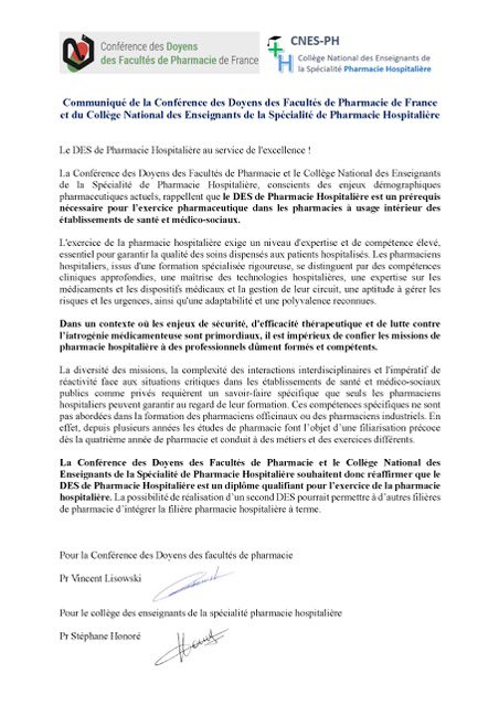 Conf Doyens Pharmacie (@doyenspharma) on Twitter photo Les <a href="/doyenspharma/">Conf Doyens Pharmacie</a> et le CNES PH réaffirment au travers de ce communiqué que le DES de pharmacie hospitalière est la seule formation qualifiante pour l’exercice pharmaceutique dans les PUI. <a href="/fnsip_bm/">FNSIP-BM</a> <a href="/Ordre_Pharma/">Ordre national des pharmaciens</a> <a href="/Sante_Gouv/">Ministère de la Santé et de l'Accès aux soins</a> Les <a href="/doyenspharma/">Conf Doyens Pharmacie</a> et le CNES PH réaffirment au travers de ce communiqué que le DES de pharmacie hospitalière est la seule formation qualifiante pour l’exercice pharmaceutique dans les PUI. <a href="/fnsip_bm/">FNSIP-BM</a> <a href="/Ordre_Pharma/">Ordre national des pharmaciens</a> <a href="/Sante_Gouv/">Ministère de la Santé et de l'Accès aux soins</a>